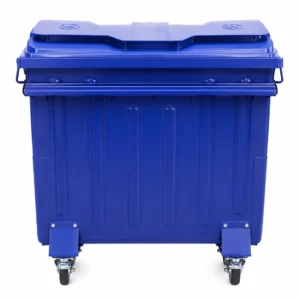Blue Metal Four-Wheel Waste Container Front View Front view of blue metal four-wheel waste container with segmented lid