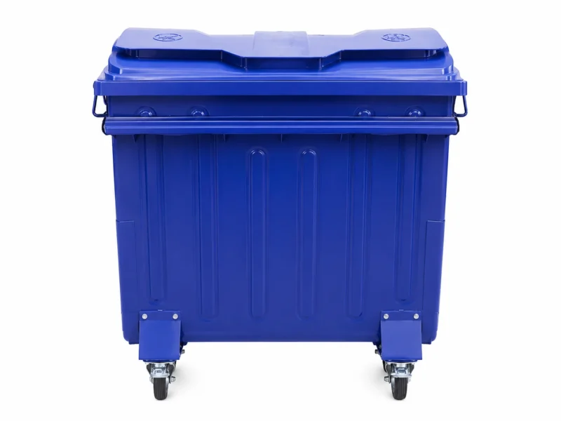 Blue Metal Four-Wheel Waste Container Front View Front view of blue metal four-wheel waste container with segmented lid
