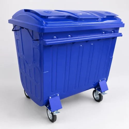 Contenedor de residuos metálico azul de cuatro ruedas, con tapa segmentada y ruedas giratorias