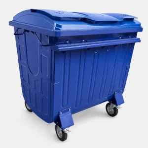 Blue Metal Four-Wheel Waste Container Side View Side view of blue metal four-wheel waste container with segmented lid