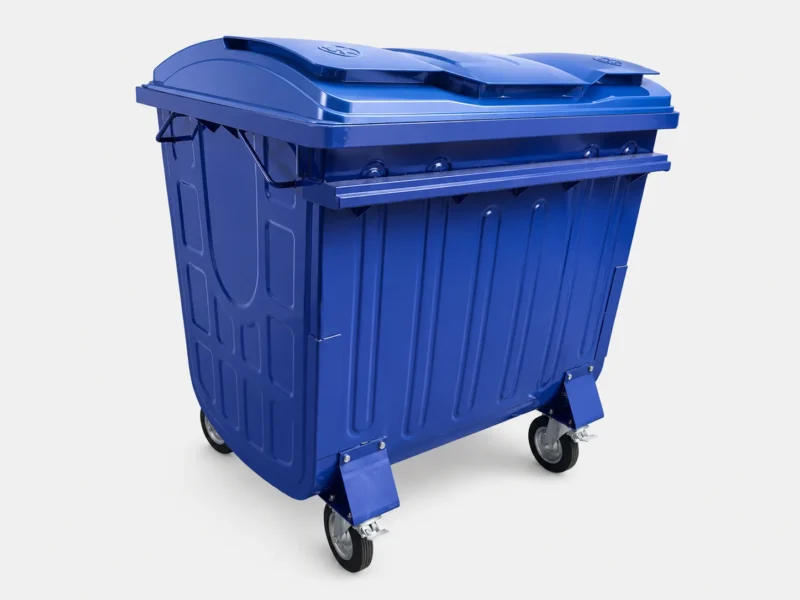 Blue Metal Four-Wheel Waste Container Side View Side view of blue metal four-wheel waste container with segmented lid