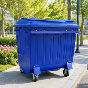 Blue Metal Four-Wheel Waste Container for Street Applications Blue metal four-wheel waste container with segmented lid in a landscaped street area