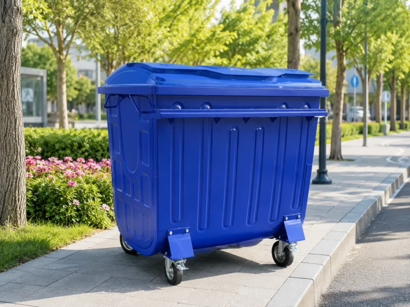 Blue Metal Four-Wheel Waste Container for Street Applications Blue metal four-wheel waste container with segmented lid in a landscaped street area