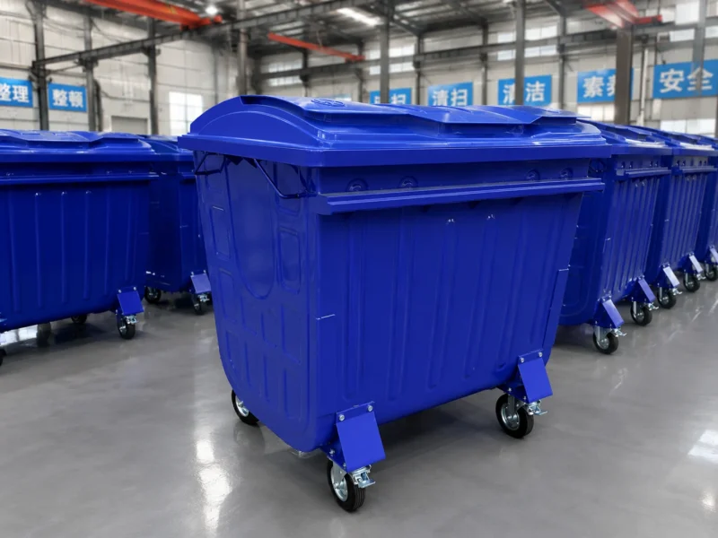 Blue Metal Four-Wheel Waste Containers Factory Bulk Production Blue metal four-wheel waste containers arranged in a factory for bulk production