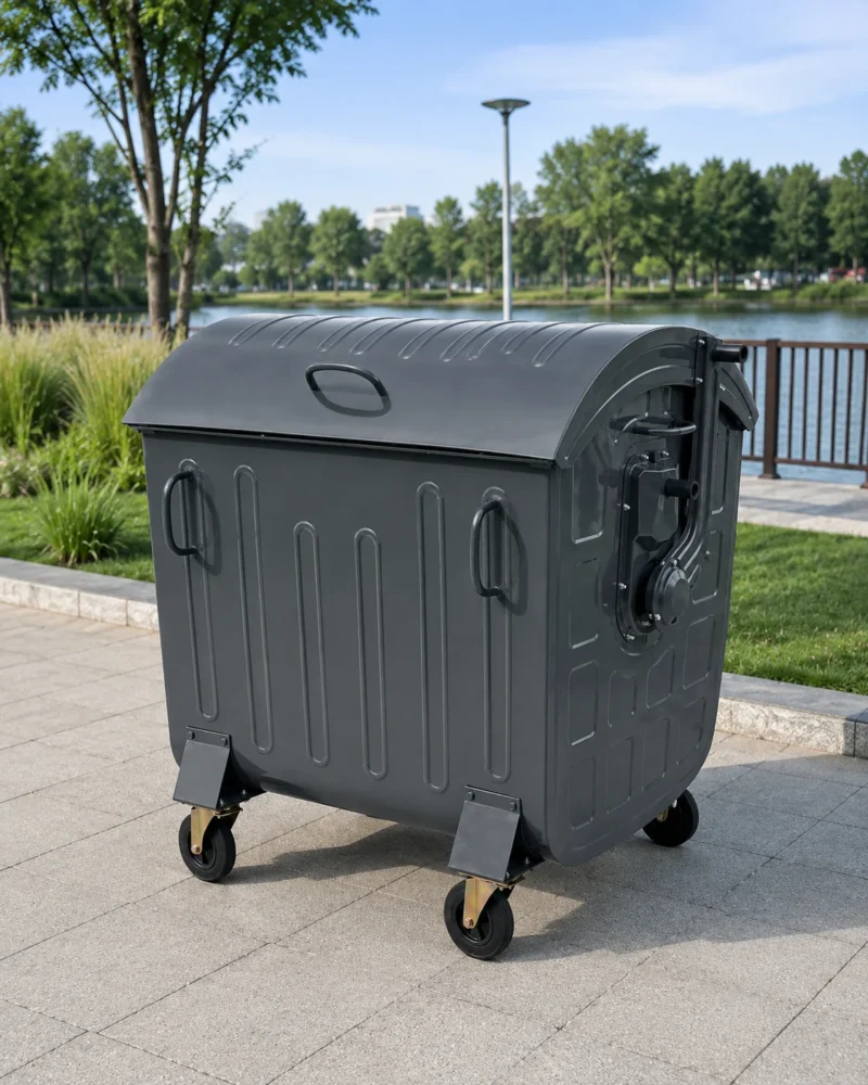 Contenedor de residuos de metal gris oscuro de cuatro ruedas con tapa curvada, instalado al aire libre a orillas de un lago
