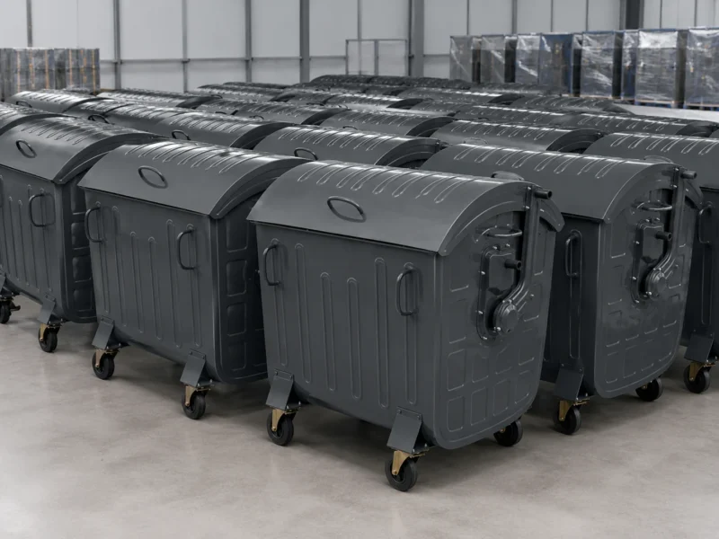 Contenedores de residuos de metal gris oscuro con cuatro ruedas, dispuestos en una fábrica para la producción en serie