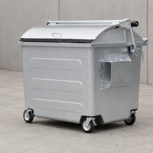 Galvanized Metal Four-Wheel Waste Container with Curved Lid Galvanized metal four-wheel waste container with curved lid and side lifting mechanism