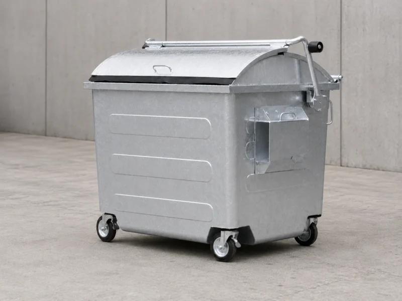 Galvanized Metal Four-Wheel Waste Container with Curved Lid Galvanized metal four-wheel waste container with curved lid and side lifting mechanism