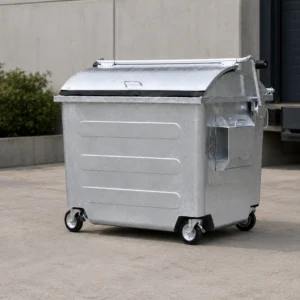 Galvanized Metal Four-Wheel Waste Container Industrial Application Galvanized metal four-wheel waste container in an industrial loading yard