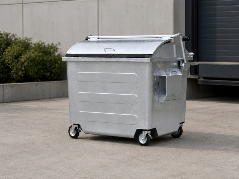 Galvanized Metal Four-Wheel Waste Container Industrial Application Galvanized metal four-wheel waste container in an industrial loading yard