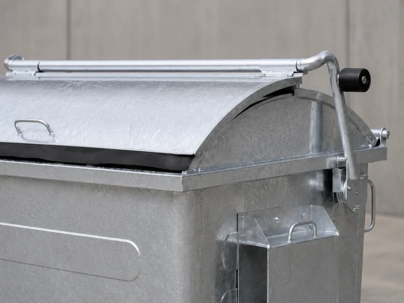 Galvanized Metal Waste Container Curved Lid Hydraulic Handle Detail Close-up of galvanized metal waste container with curved lid and hydraulic handle mechanism