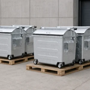 Galvanized Metal Waste Containers for Palletized Bulk Shipment Galvanized metal four-wheel waste containers arranged on wooden pallets for bulk shipment