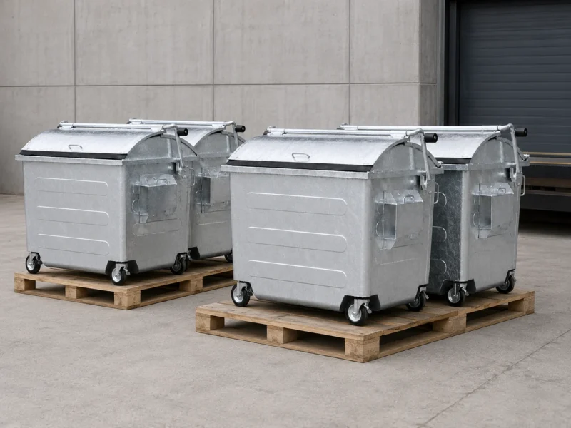 Galvanized Metal Waste Containers for Palletized Bulk Shipment Galvanized metal four-wheel waste containers arranged on wooden pallets for bulk shipment