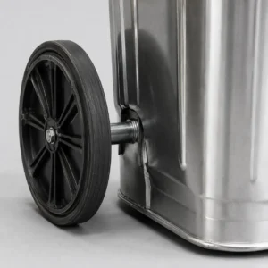 Galvanized Steel Wheelie Bin Wheel and Axle Detail Close-up of galvanized steel wheelie bin wheel and axle structure