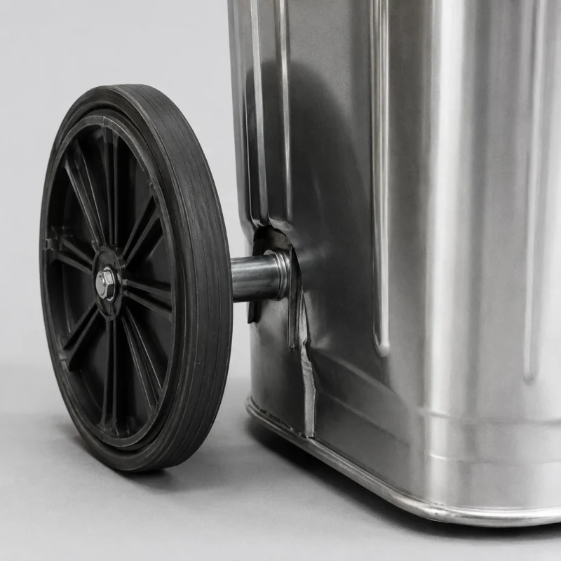 Galvanized Steel Wheelie Bin Wheel and Axle Detail Close-up of galvanized steel wheelie bin wheel and axle structure