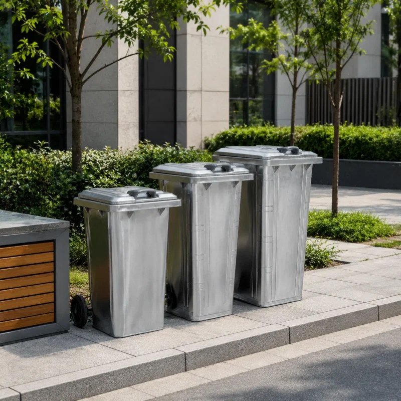 Galvanized Steel Wheelie Bins for Outdoor Commercial Areas Galvanized steel wheelie bins installed in an outdoor commercial area
