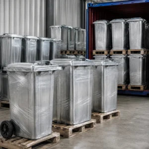 Galvanized Steel Wheelie Bins Packed for Shipping Galvanized steel wheelie bins wrapped on pallets for shipping and warehouse storage