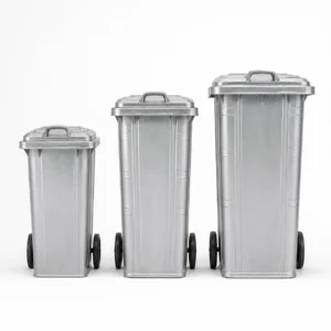 Galvanized Steel Wheelie Bins in Multiple Sizes Three sizes of galvanized steel wheelie bins with lids and wheels