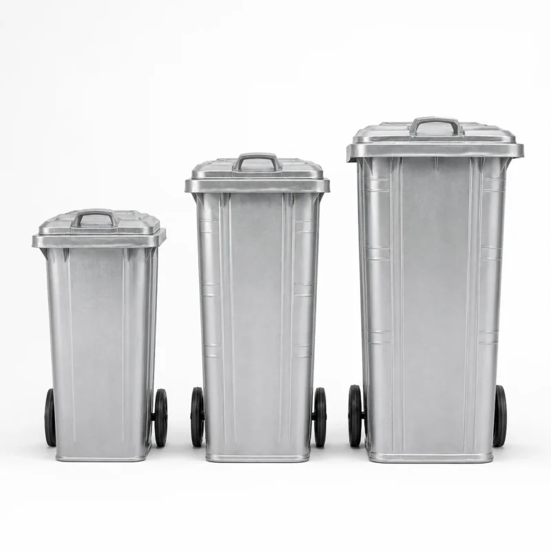 Galvanized Steel Wheelie Bins in Multiple Sizes Three sizes of galvanized steel wheelie bins with lids and wheels