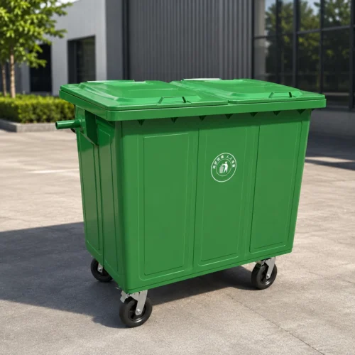 Contenedor de residuos metálico de color verde, de cuatro ruedas y con doble tapa, situado en una zona industrial al aire libre