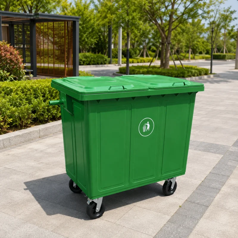 Green metal four-wheel waste container with double lid in a landscaped public park