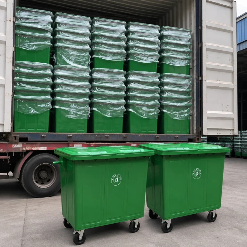 Green metal four-wheel waste containers packed inside a shipping container for export