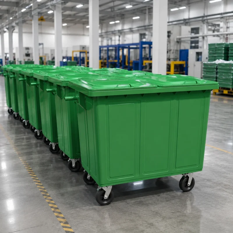 Green metal four-wheel waste containers arranged on a factory production line