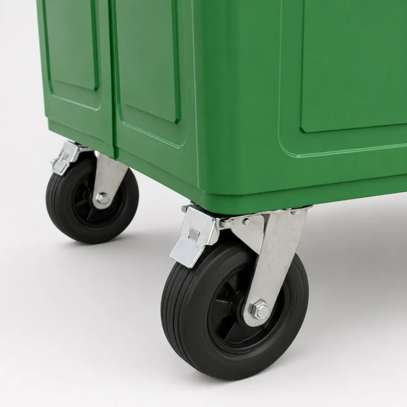 Close-up of braked caster wheel on a green metal four-wheel waste container