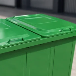 Close-up of double lid top cover on a green metal waste container