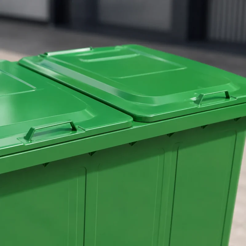 Close-up of double lid top cover on a green metal waste container