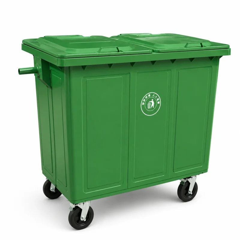 Green metal four-wheel waste container with double lid and caster wheels