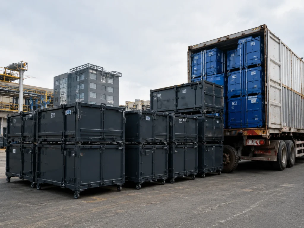 Commercial waste containers prepared for export loading beside a shipping container