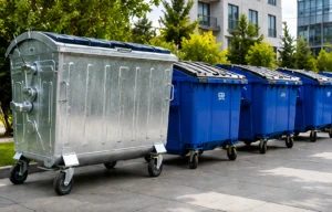 galvanized steel and blue plastic wheelie bins comparison