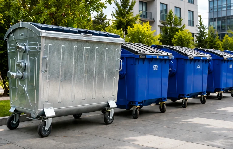 galvanized steel and blue plastic wheelie bins comparison