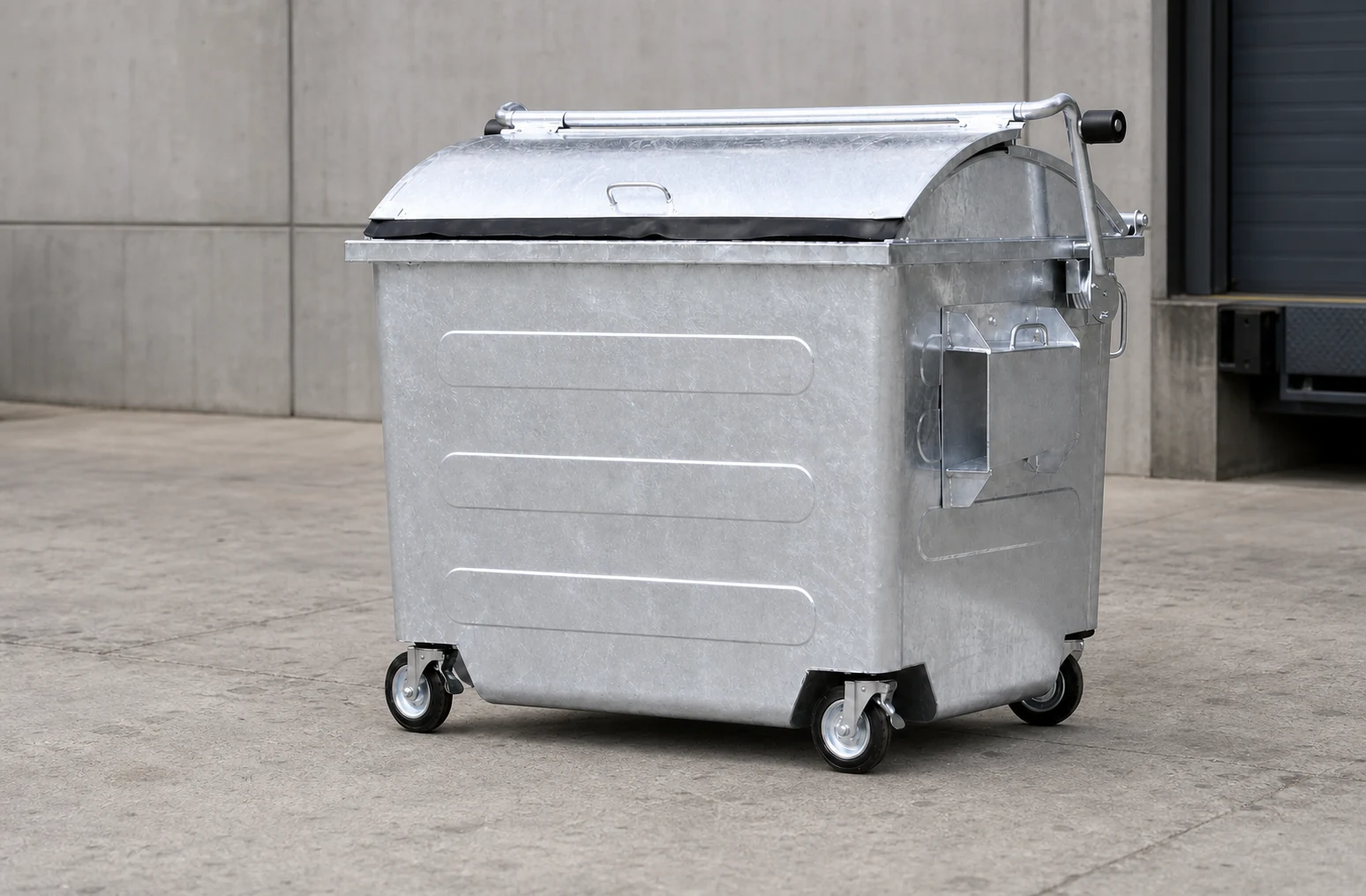 KOVANTO galvanized steel waste container with lid and wheels for commercial waste collection