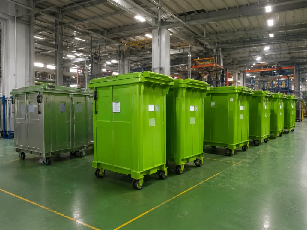 Green commercial metal waste containers arranged inside a professional manufacturing factory