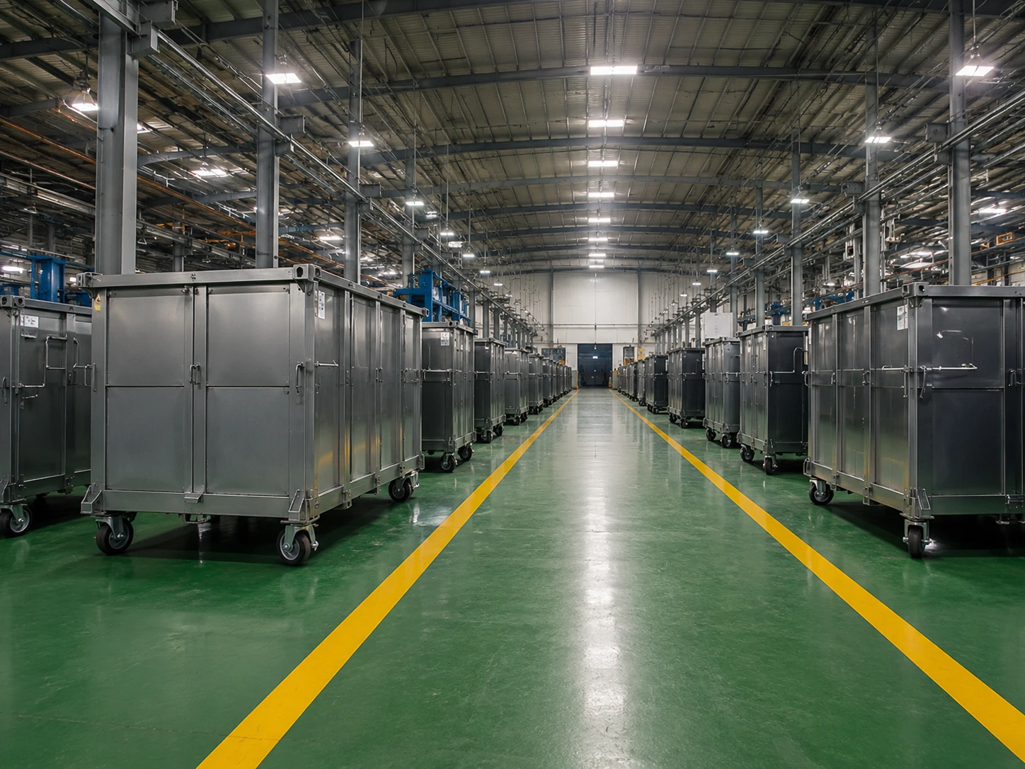 Commercial metal waste containers arranged inside a professional waste container manufacturing factory