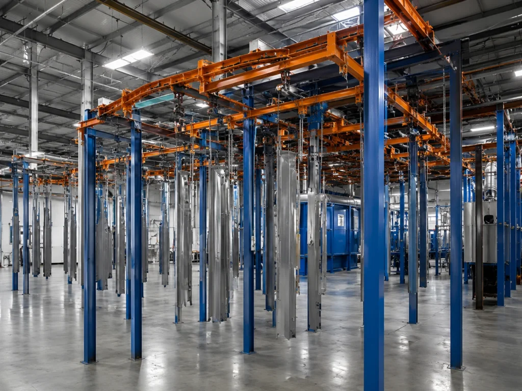 Industrial powder coating and surface treatment line for metal waste container components