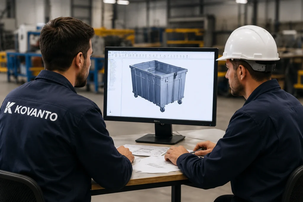 Engineers reviewing a custom metal waste container CAD design in a manufacturing facility