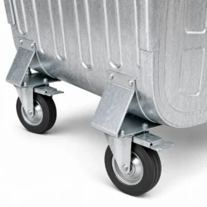 Close-up of braked caster wheel and reinforced mounting plate on a metal waste container