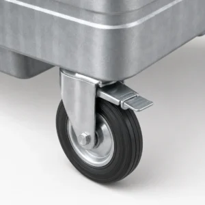 Close-up of braked caster wheel on a metal four-wheel waste container