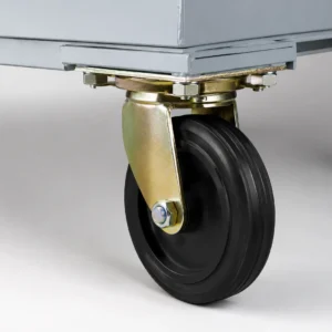 Close-up of heavy-duty caster wheel on a metal four-wheel waste container
