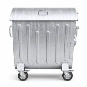 Front view of metal four-wheel waste container with curved lid and reinforced body