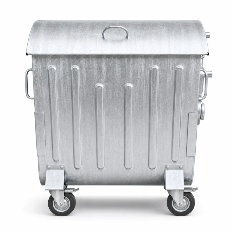Front view of metal four-wheel waste container with curved lid and reinforced body