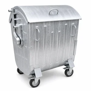 Rear side view of metal four-wheel waste container with curved lid and lifting system