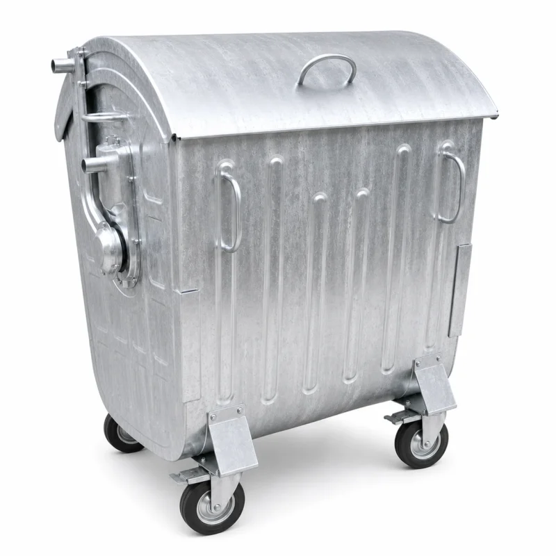 Rear side view of metal four-wheel waste container with curved lid and lifting system