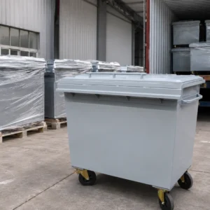 Metal four-wheel waste containers packed and loaded for export shipping
