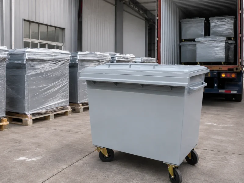 Metal four-wheel waste containers packed and loaded for export shipping