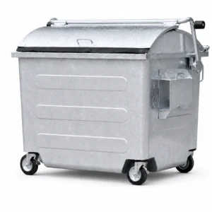Metal Four-Wheel Waste Container Front Side View Front side view of metal four-wheel waste container with curved lid and lifting mechanism