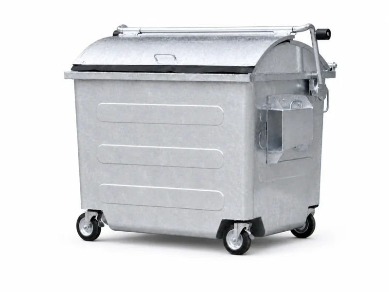 Metal Four-Wheel Waste Container Front Side View Front side view of metal four-wheel waste container with curved lid and lifting mechanism